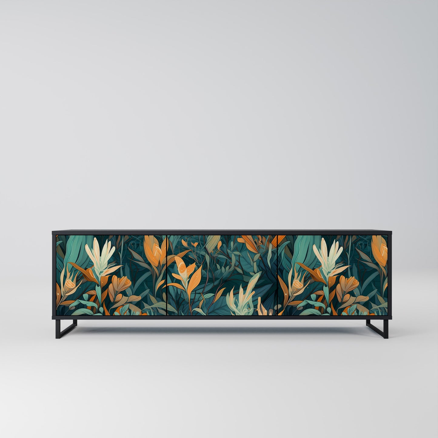 FLORAL SERENITY 3-Door TV Stand in Black Finish