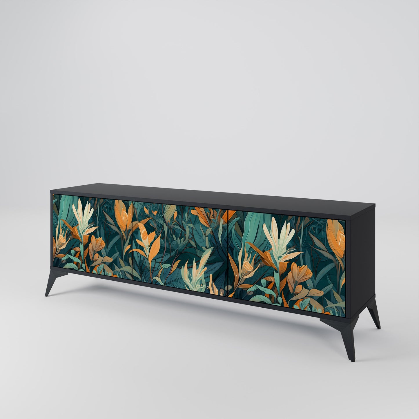 FLORAL SERENITY 3-Door TV Stand in Black Finish