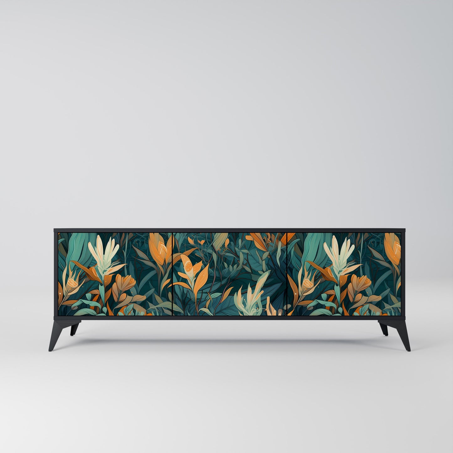 FLORAL SERENITY 3-Door TV Stand in Black Finish