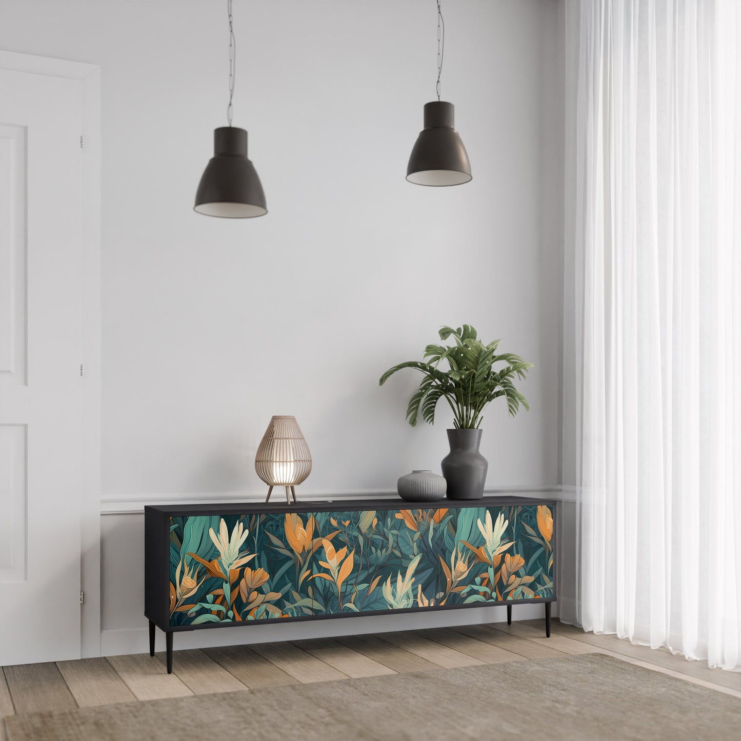 FLORAL SERENITY 3-Door TV Stand in Black Finish