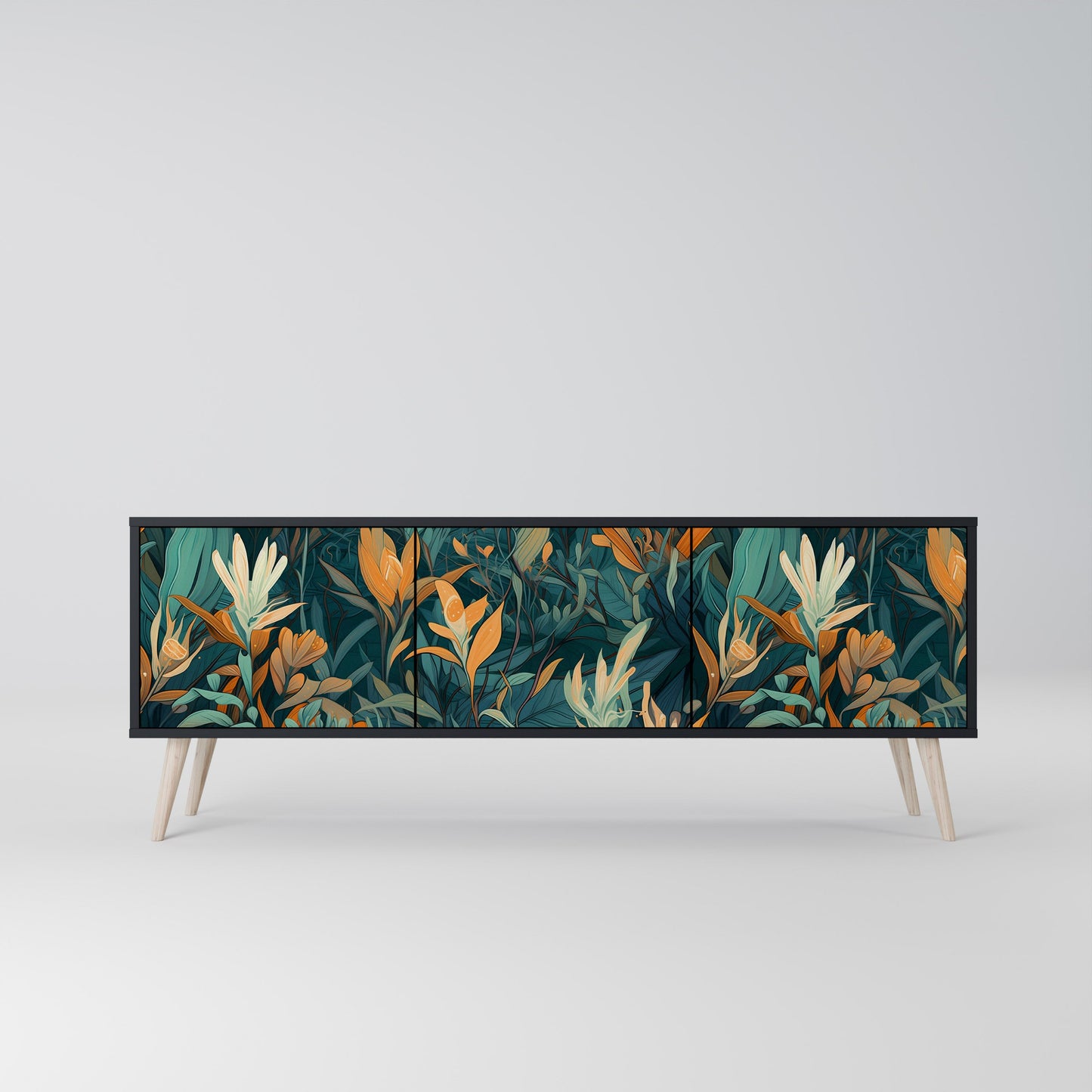 FLORAL SERENITY 3-Door TV Stand in Black Finish