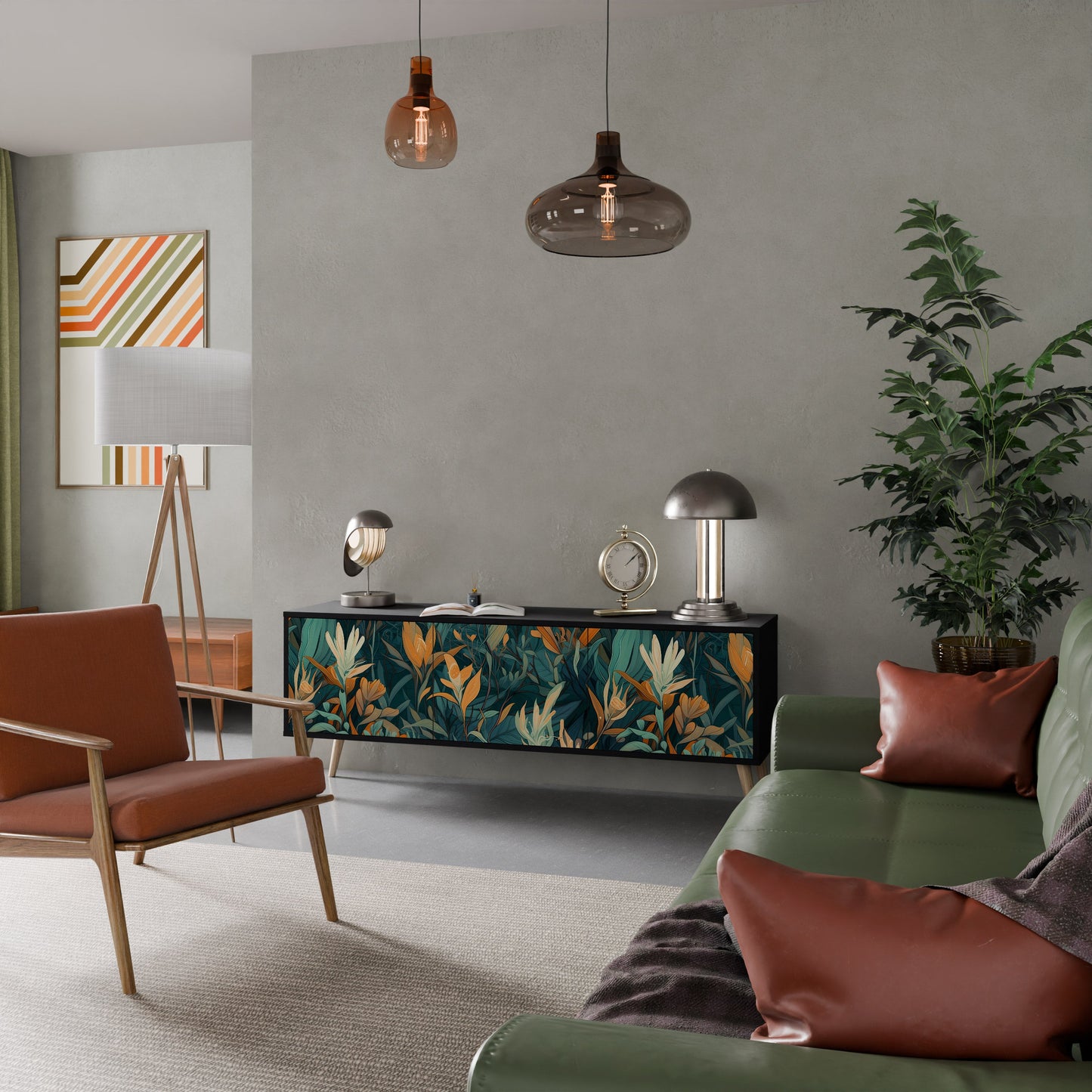 FLORAL SERENITY 3-Door TV Stand in Black Finish