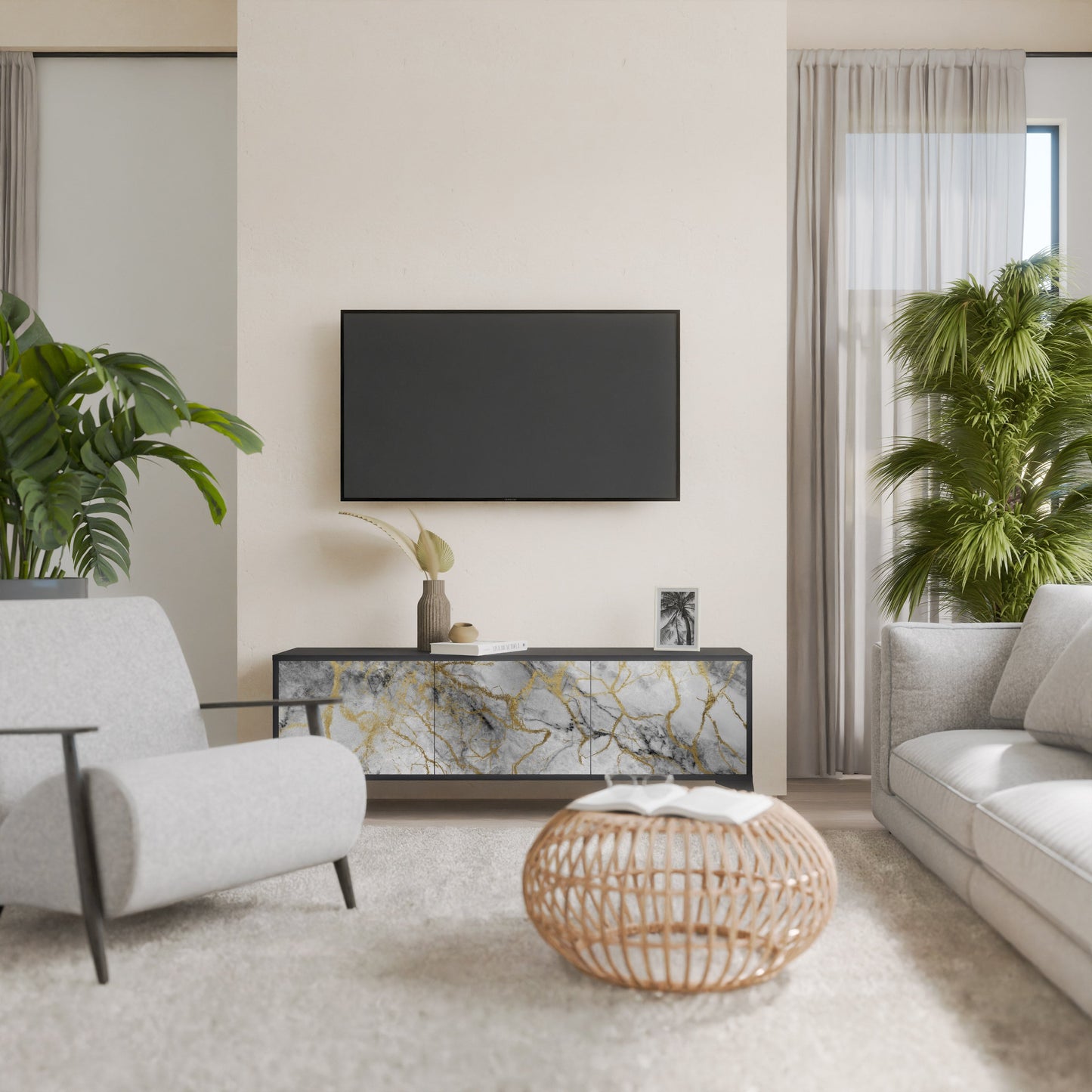 TIMELESS GLIDE 3-Door TV Stand in Black Finish