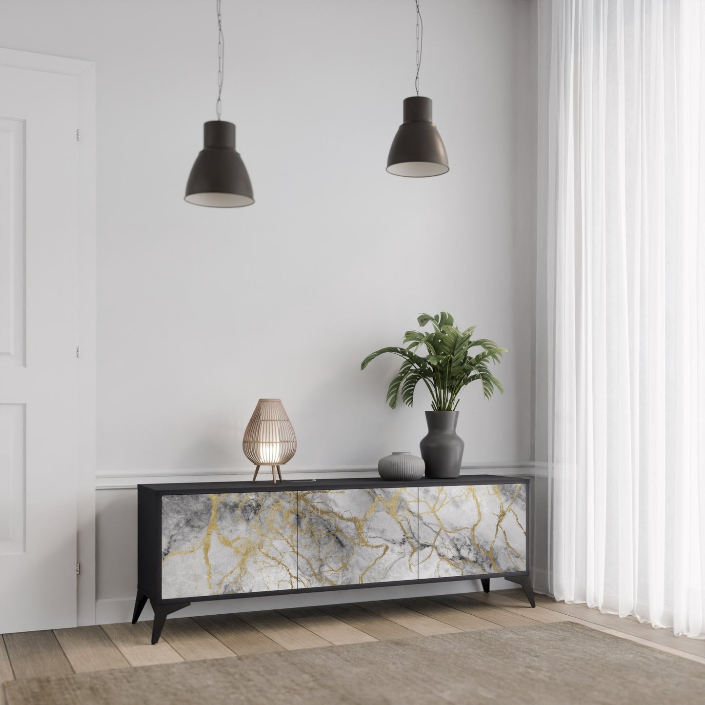 TIMELESS GLIDE 3-Door TV Stand in Black Finish