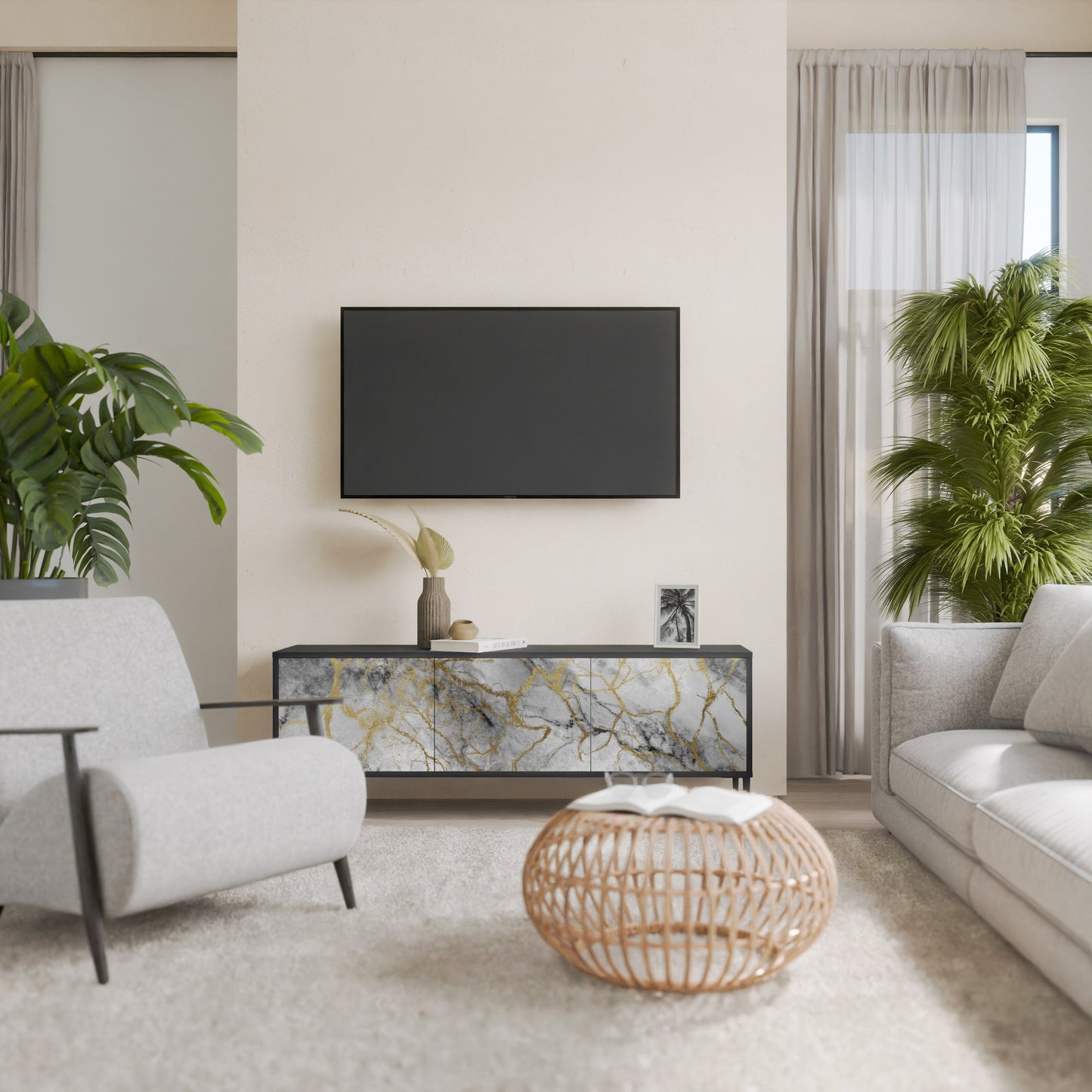 TIMELESS GLIDE 3-Door TV Stand in Black Finish