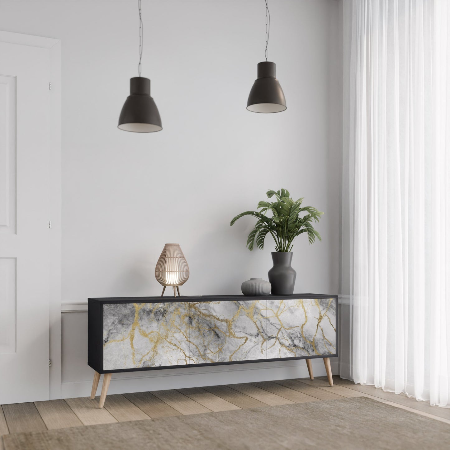 TIMELESS GLIDE 3-Door TV Stand in Black Finish