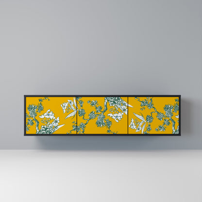 YELLOW CHINOISERIE 3-Door TV Stand in Black Finish