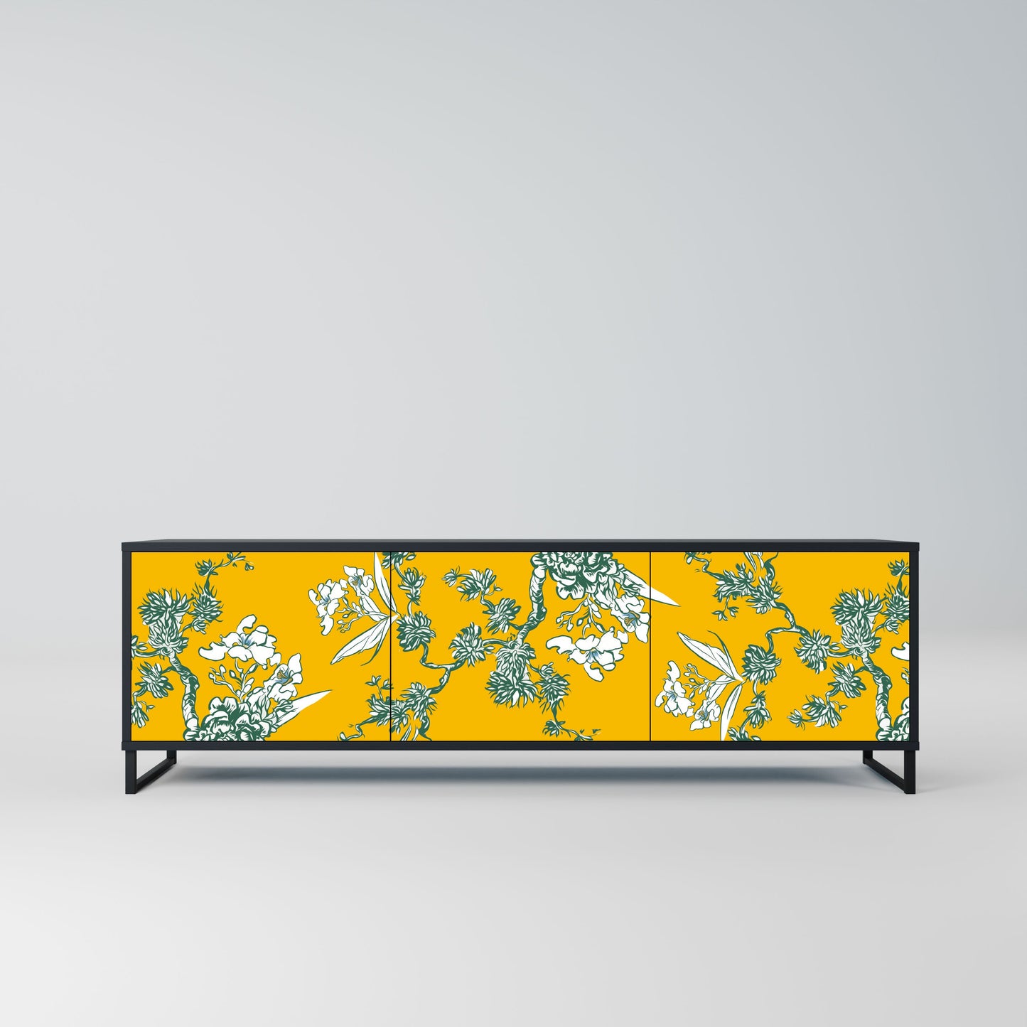 YELLOW CHINOISERIE 3-Door TV Stand in Black Finish