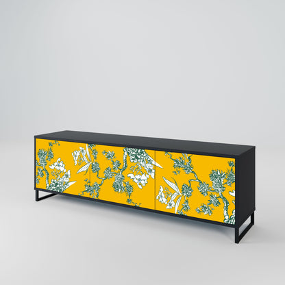 YELLOW CHINOISERIE 3-Door TV Stand in Black Finish