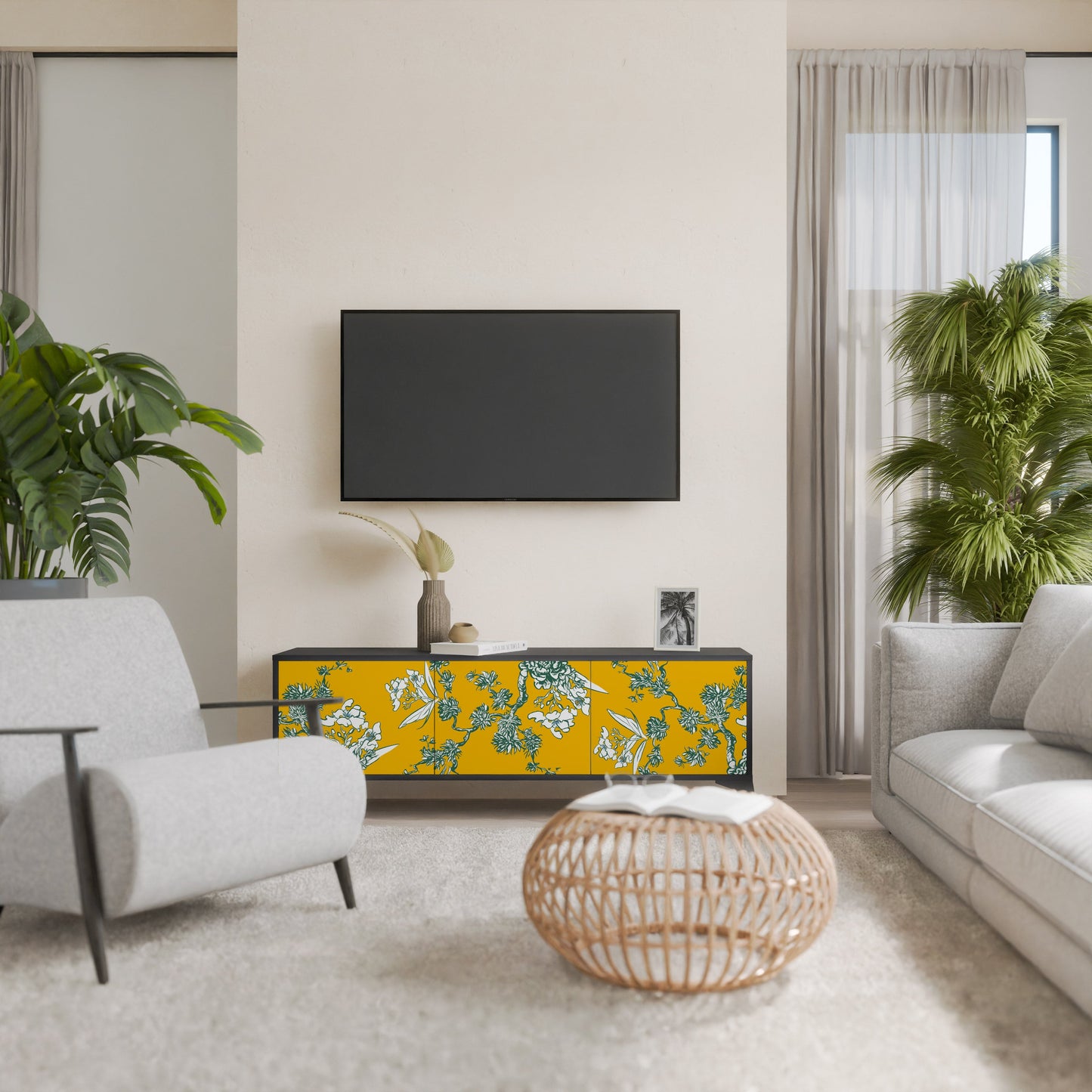 YELLOW CHINOISERIE 3-Door TV Stand in Black Finish