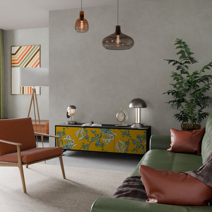 YELLOW CHINOISERIE 3-Door TV Stand in Black Finish