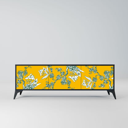 YELLOW CHINOISERIE 3-Door TV Stand in Black Finish