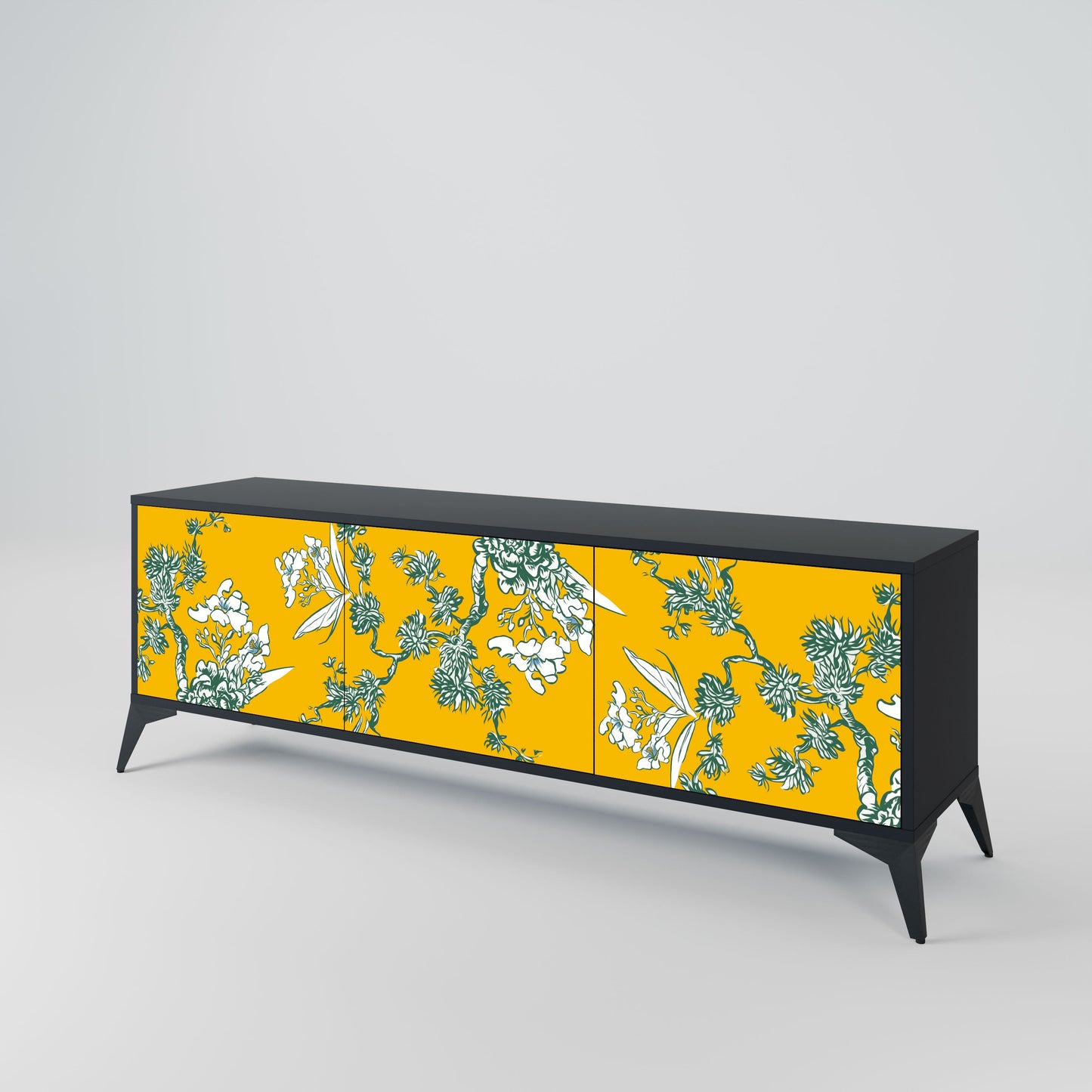 YELLOW CHINOISERIE 3-Door TV Stand in Black Finish