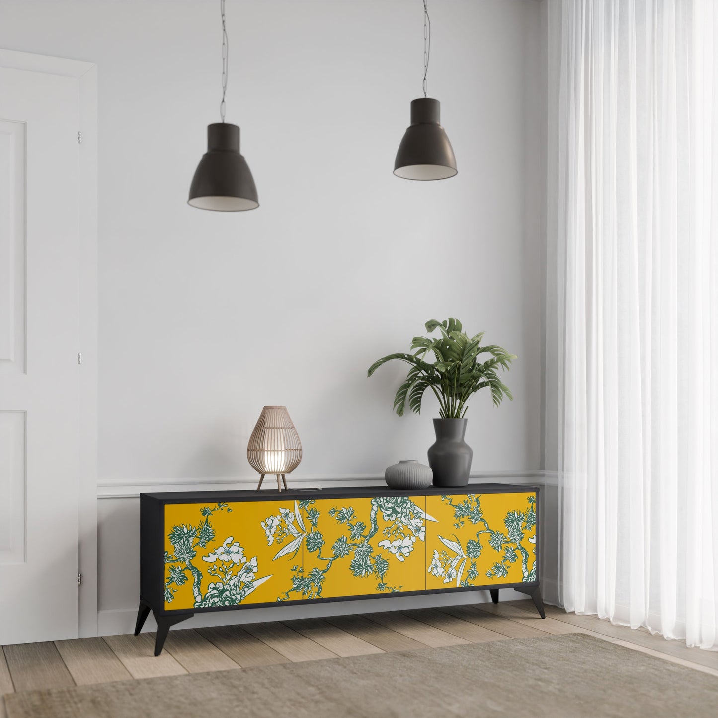 YELLOW CHINOISERIE 3-Door TV Stand in Black Finish