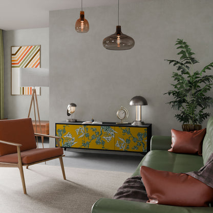 YELLOW CHINOISERIE 3-Door TV Stand in Black Finish