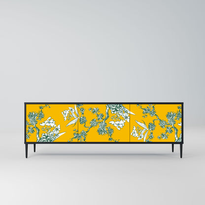 YELLOW CHINOISERIE 3-Door TV Stand in Black Finish