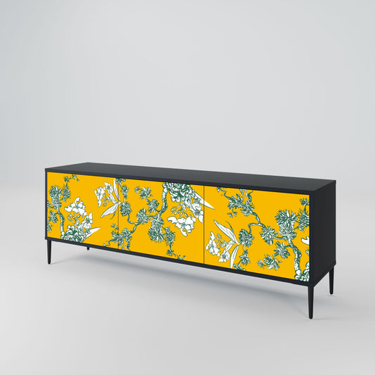 YELLOW CHINOISERIE 3-Door TV Stand in Black Finish