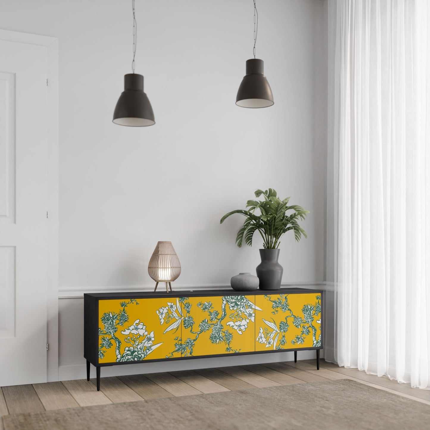 YELLOW CHINOISERIE 3-Door TV Stand in Black Finish