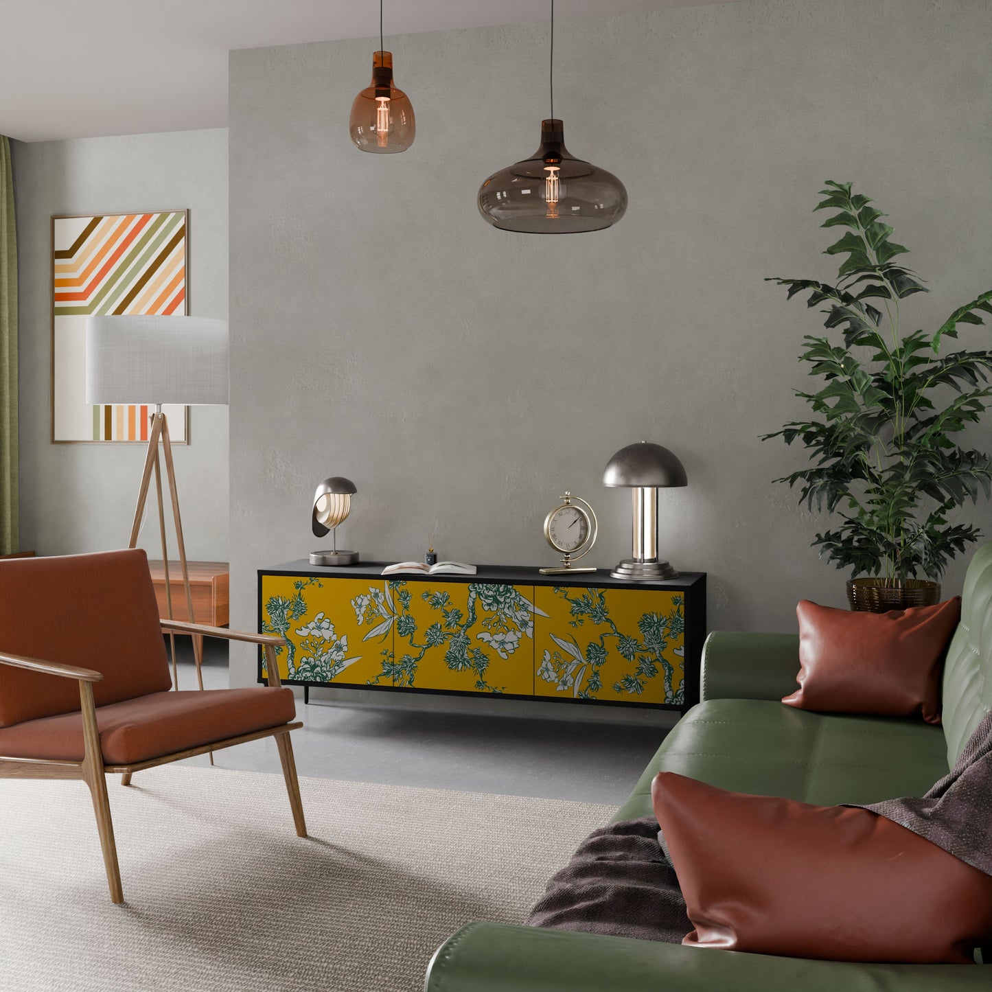 YELLOW CHINOISERIE 3-Door TV Stand in Black Finish