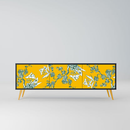 YELLOW CHINOISERIE 3-Door TV Stand in Black Finish