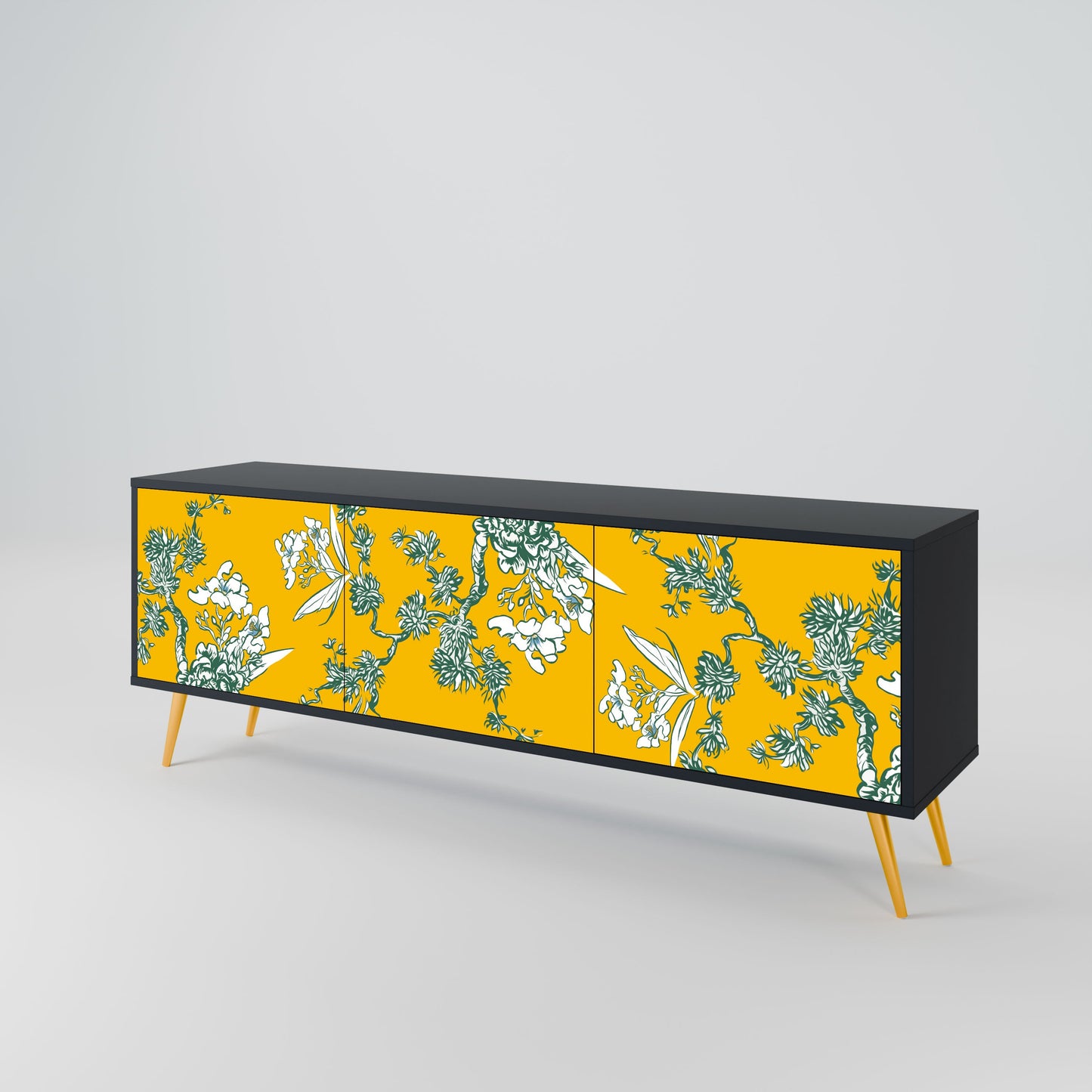 YELLOW CHINOISERIE 3-Door TV Stand in Black Finish