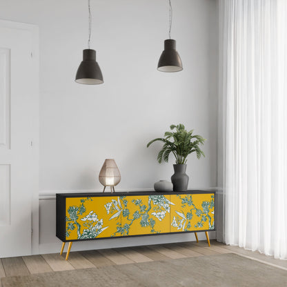 YELLOW CHINOISERIE 3-Door TV Stand in Black Finish