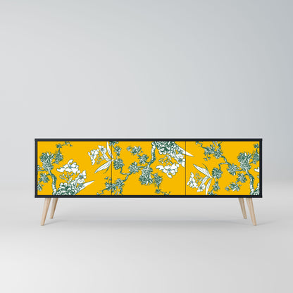 YELLOW CHINOISERIE 3-Door TV Stand in Black Finish