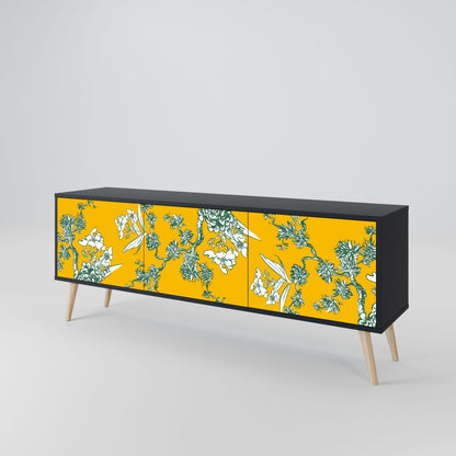 YELLOW CHINOISERIE 3-Door TV Stand in Black Finish