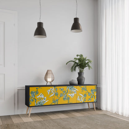 YELLOW CHINOISERIE 3-Door TV Stand in Black Finish