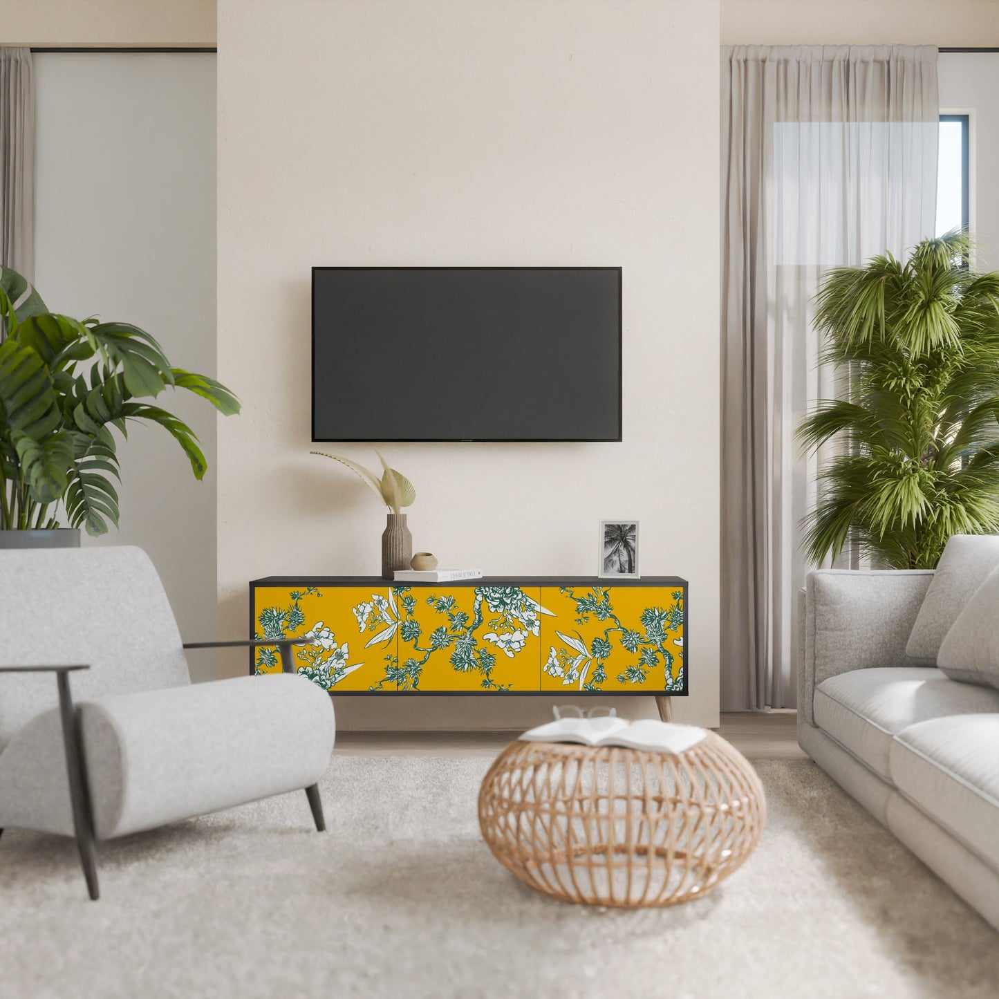 YELLOW CHINOISERIE 3-Door TV Stand in Black Finish