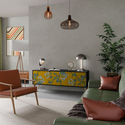 YELLOW CHINOISERIE 3-Door TV Stand in Black Finish