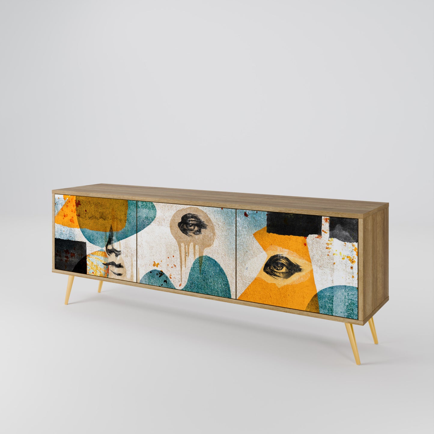 ABSTRACT FACES 3-Door TV Stand in Oak Effect