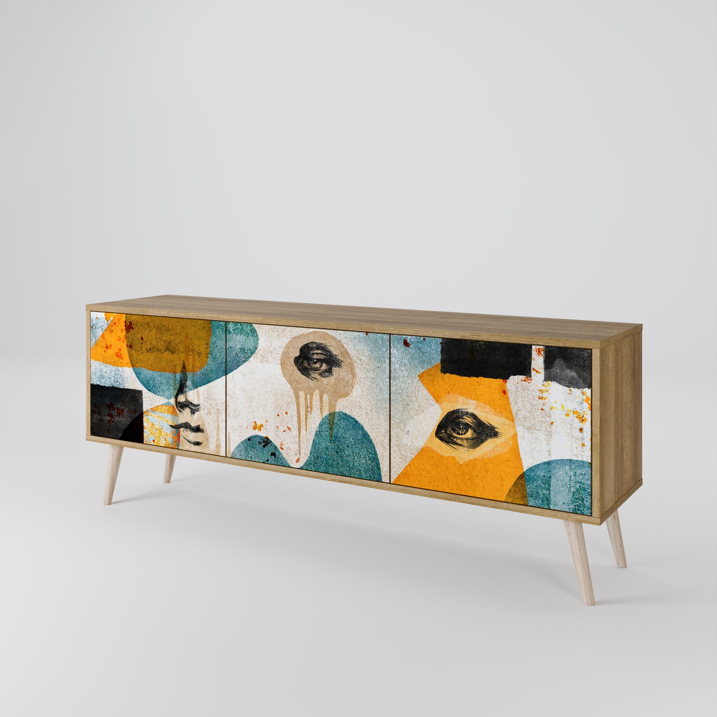 ABSTRACT FACES 3-Door TV Stand in Oak Effect