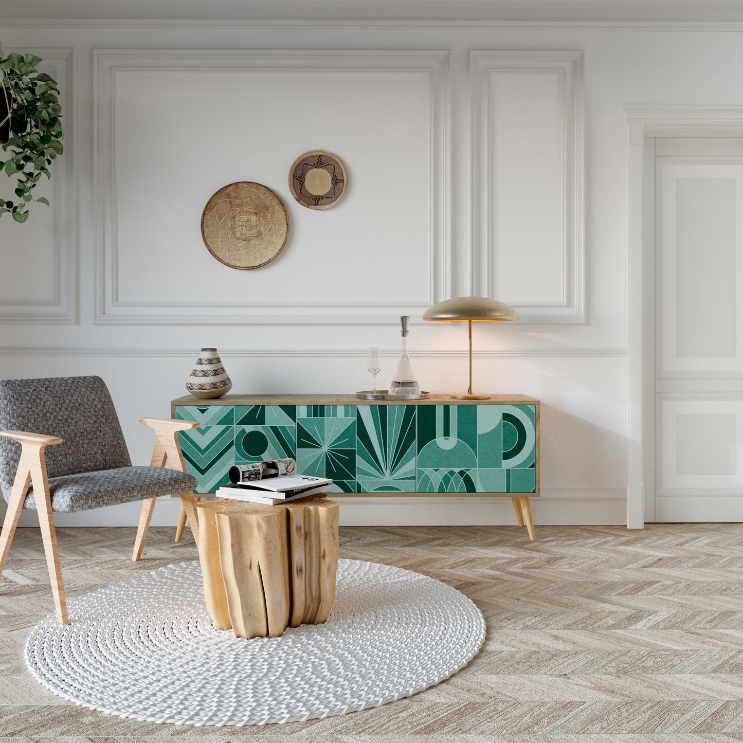 HARMONIC GRID 3-Door TV Stand in Oak Effect