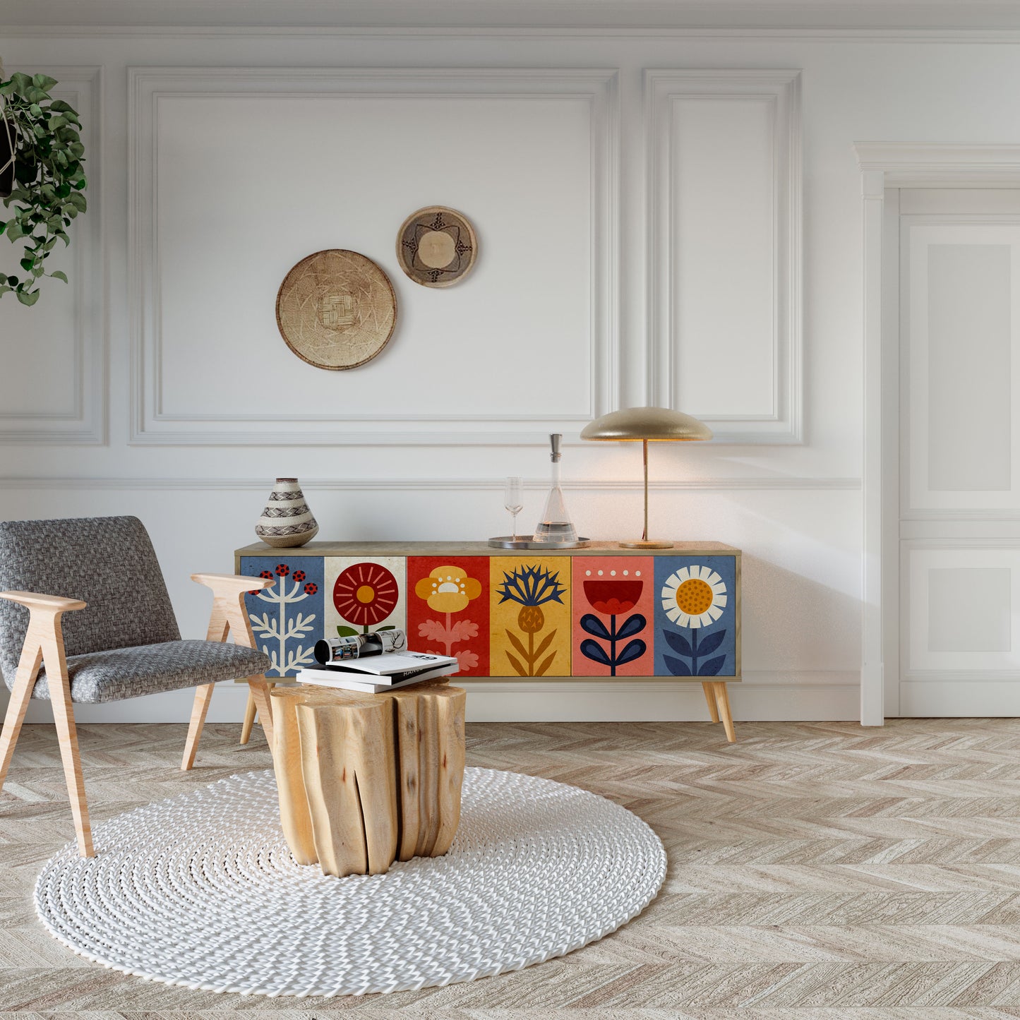 SCANDIC FLOWERET 3-Door TV Stand in Oak Effect