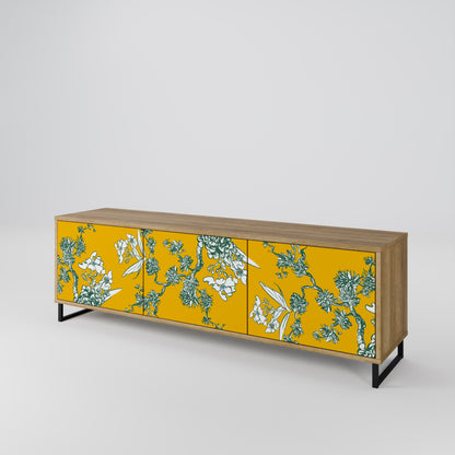 YELLOW CHINOISERIE 3-Door TV Stand in Oak Effect