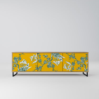 YELLOW CHINOISERIE 3-Door TV Stand in Oak Effect
