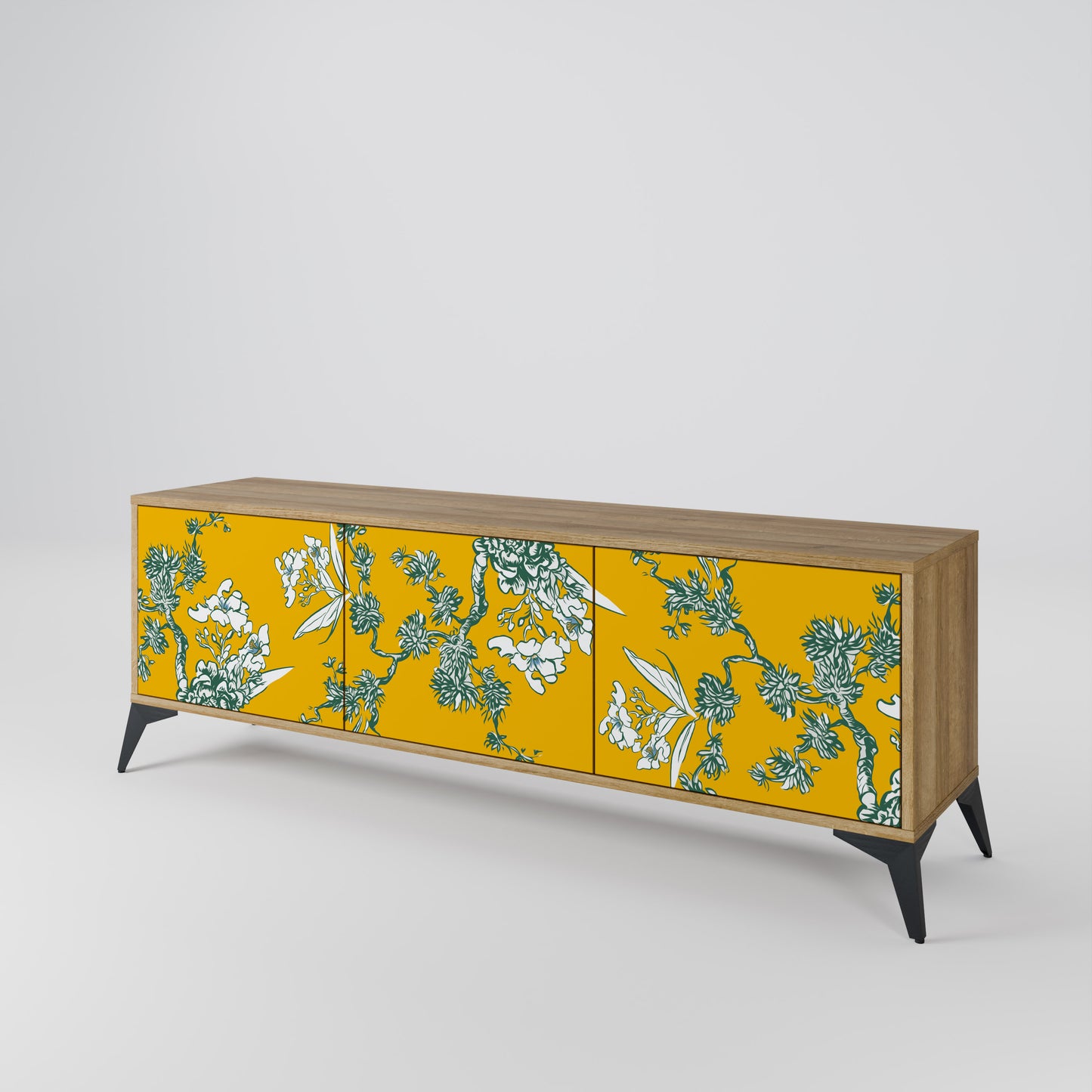 YELLOW CHINOISERIE 3-Door TV Stand in Oak Effect