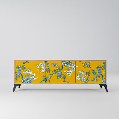 YELLOW CHINOISERIE 3-Door TV Stand in Oak Effect