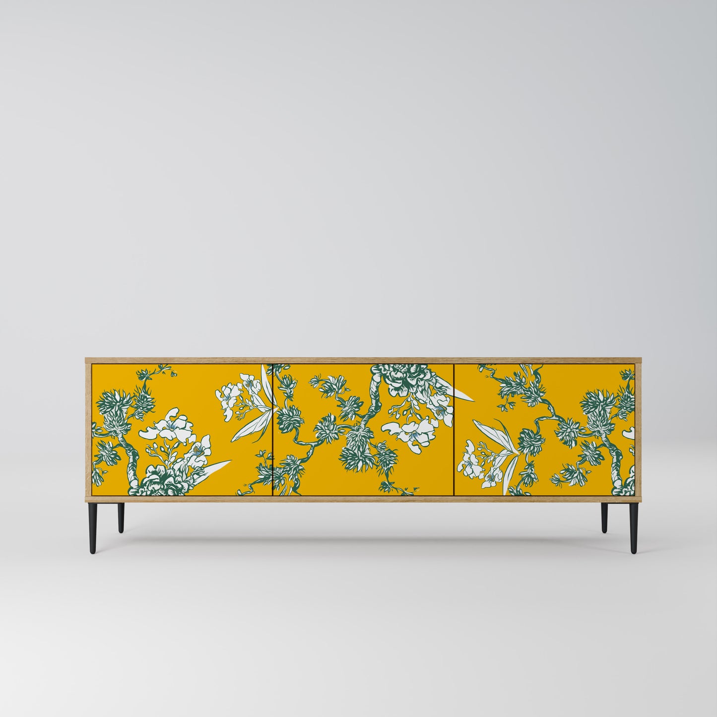 YELLOW CHINOISERIE 3-Door TV Stand in Oak Effect