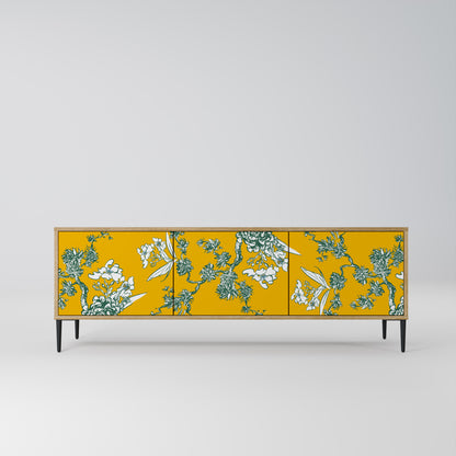 YELLOW CHINOISERIE 3-Door TV Stand in Oak Effect