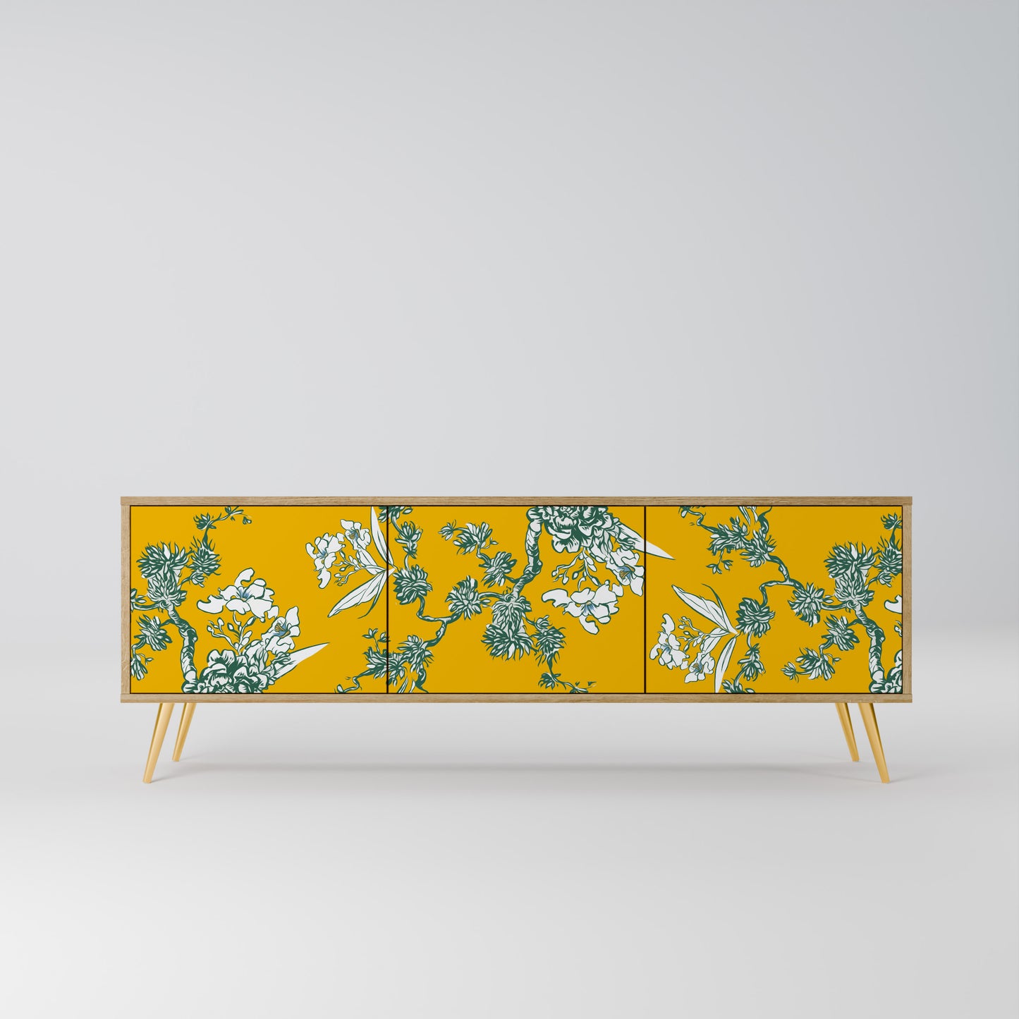 YELLOW CHINOISERIE 3-Door TV Stand in Oak Effect
