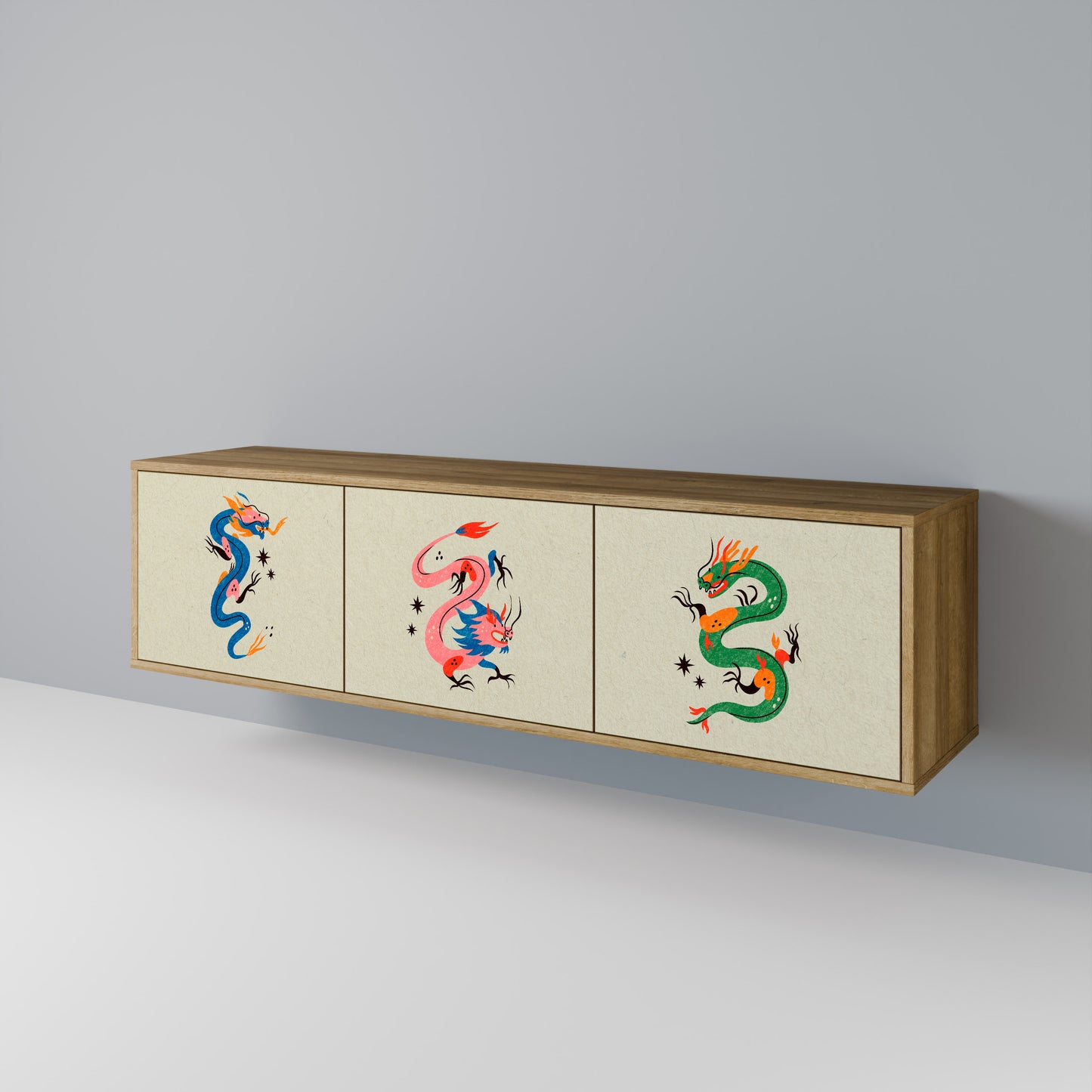 MYTHOLOGICAL CREATURES 3-Door TV Stand in Oak Effect