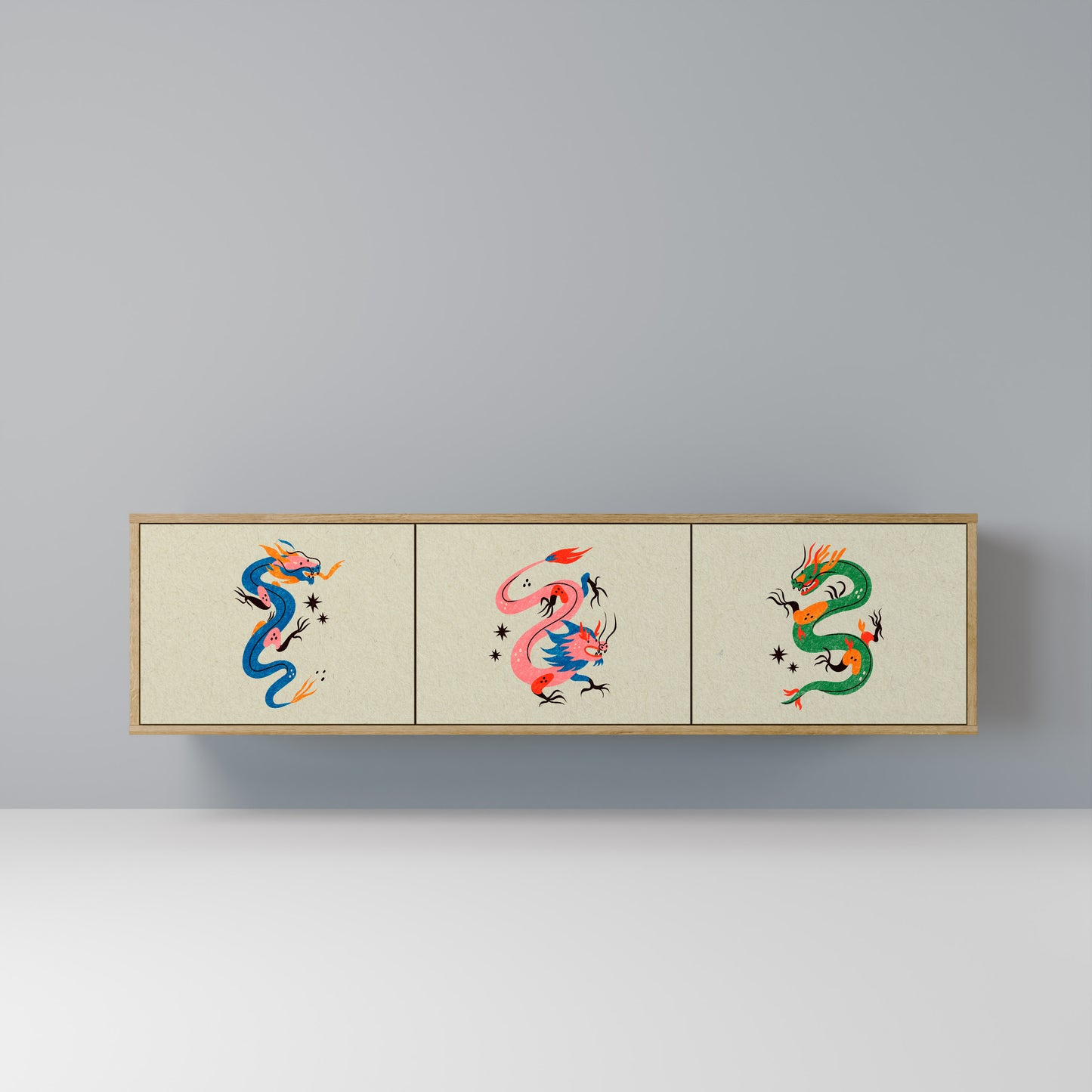 MYTHOLOGICAL CREATURES 3-Door TV Stand in Oak Effect