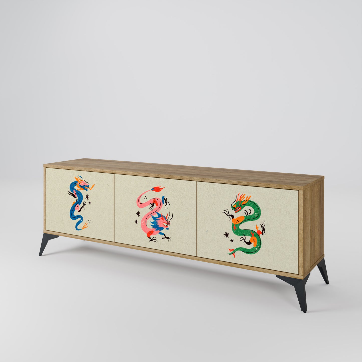MYTHOLOGICAL CREATURES 3-Door TV Stand in Oak Effect