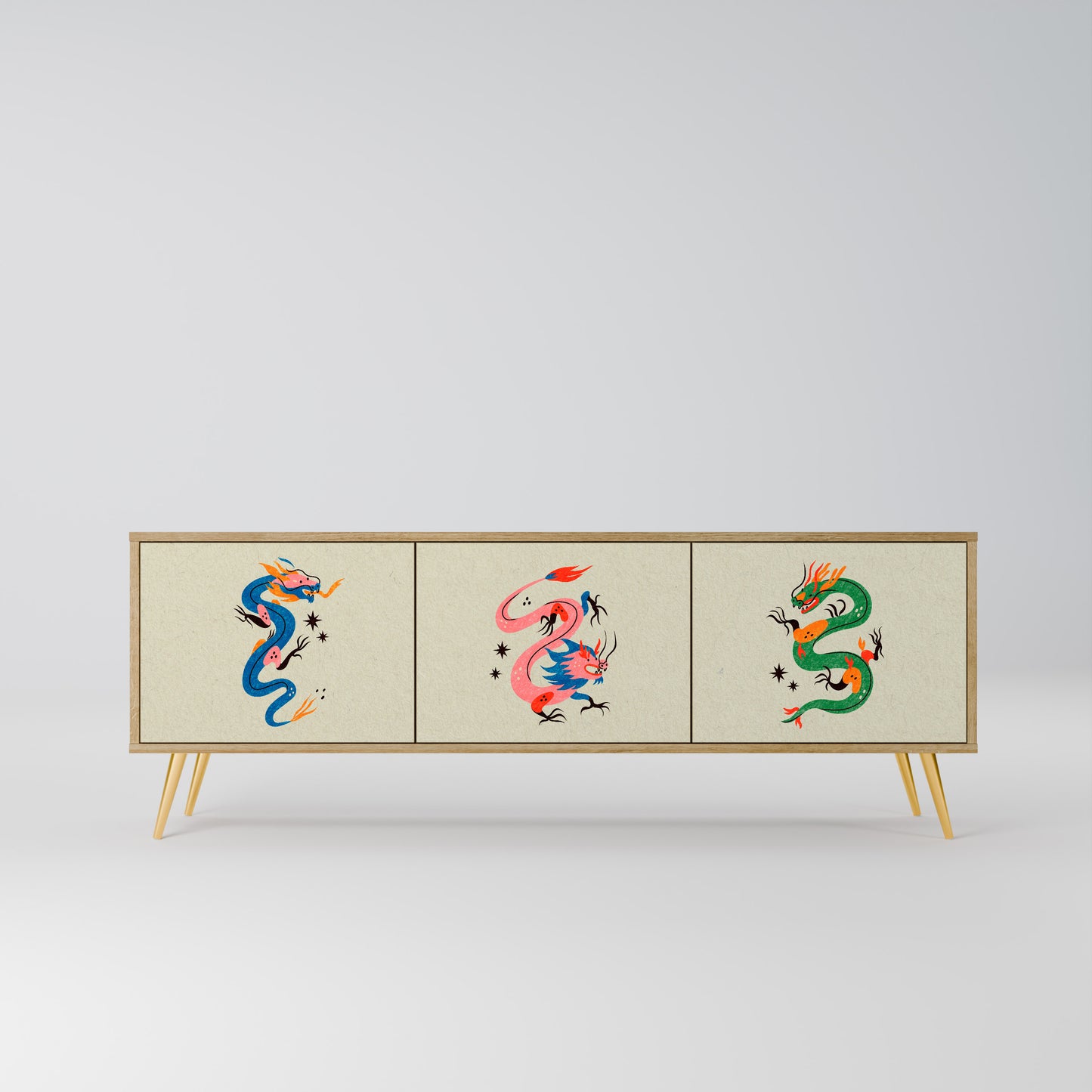 MYTHOLOGICAL CREATURES 3-Door TV Stand in Oak Effect