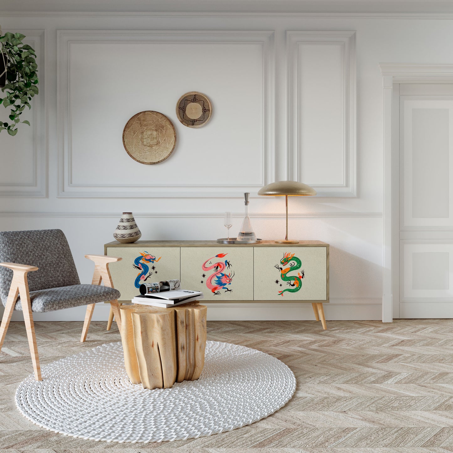 MYTHOLOGICAL CREATURES 3-Door TV Stand in Oak Effect