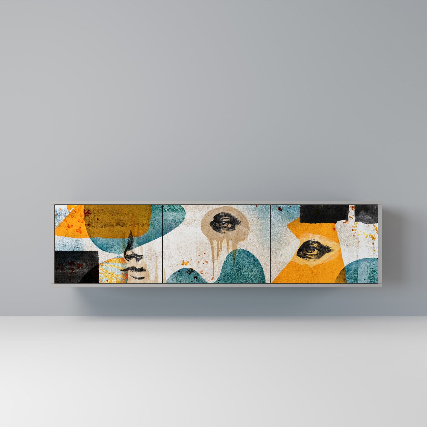 ABSTRACT FACES 3-Door TV Stand in Grey Finish