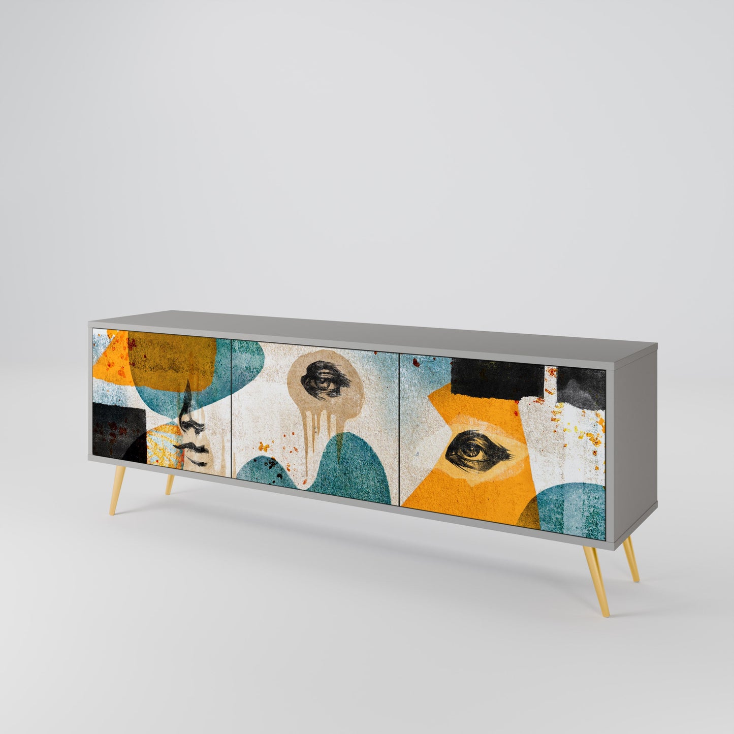 ABSTRACT FACES 3-Door TV Stand in Grey Finish