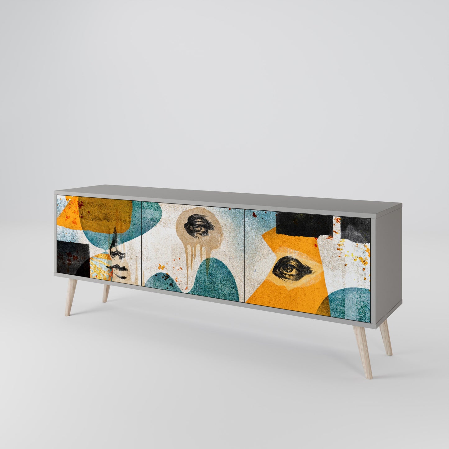 ABSTRACT FACES 3-Door TV Stand in Grey Finish